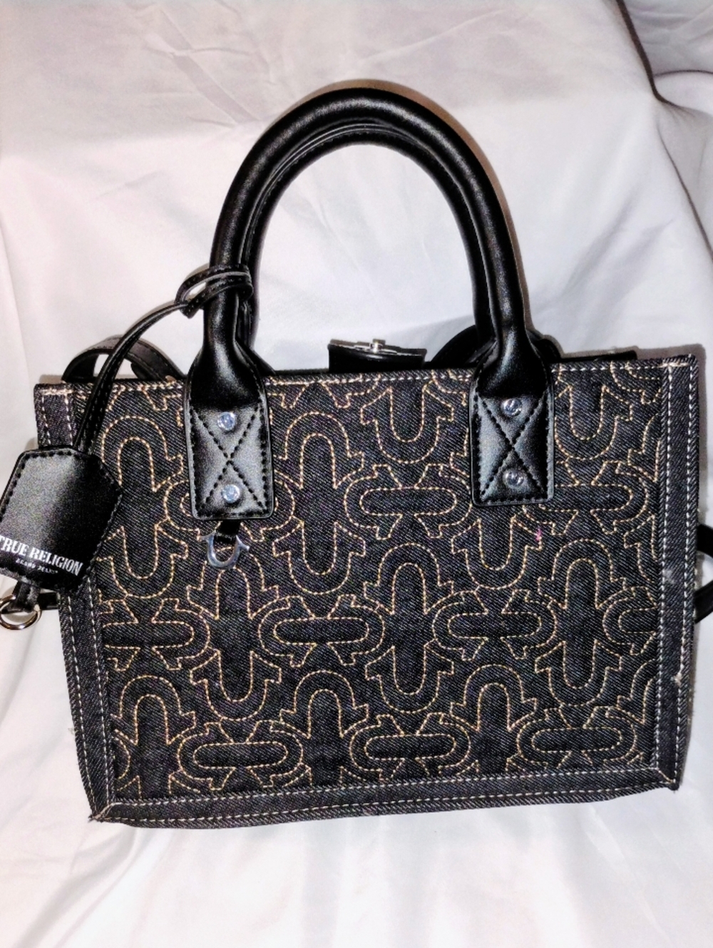 True Religion Black Patterned Satchel with Tan Stitching